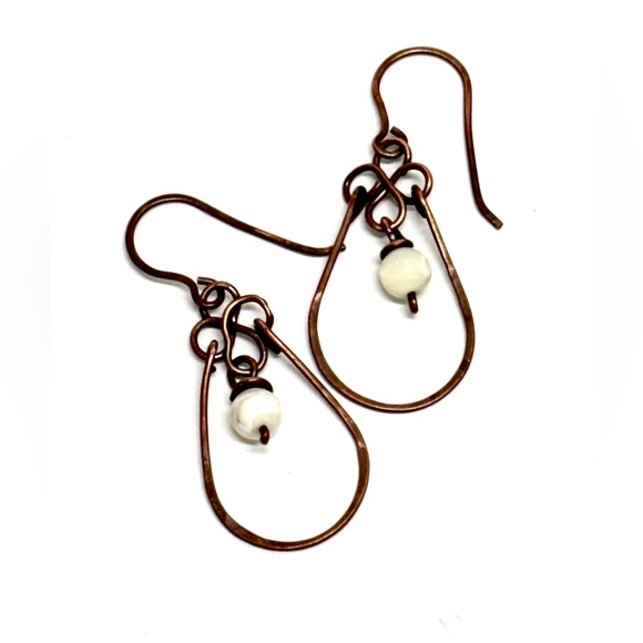 HANDMADE Mother of Pearl Wire Wrapped Copper Dangle Earrings, Gift for Mom Her - Picture 1 of 10